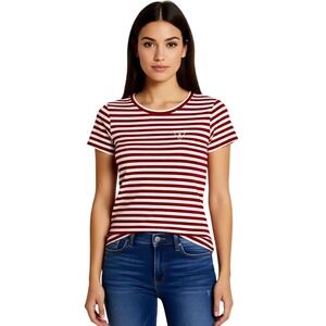 GUESS  Womens Red White Striped Logo Crew Neck Short Sleeve Tee Shirt M NWT